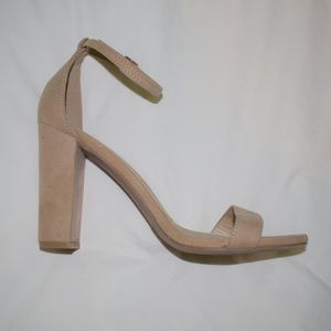 Lulu’s Beige/Tan Ankle Strap Suede Heels